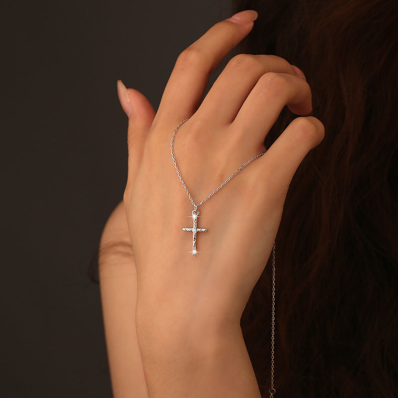 S925 sterling silver cross necklace women's fashion versatile pleated diamond set pendant collarbone chain jewelry