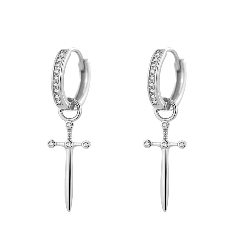 S925 sterling silver European and American cross-border cool style personalized trend design diamond-inlaid cross dagger earrings earrings earrings ring earrings