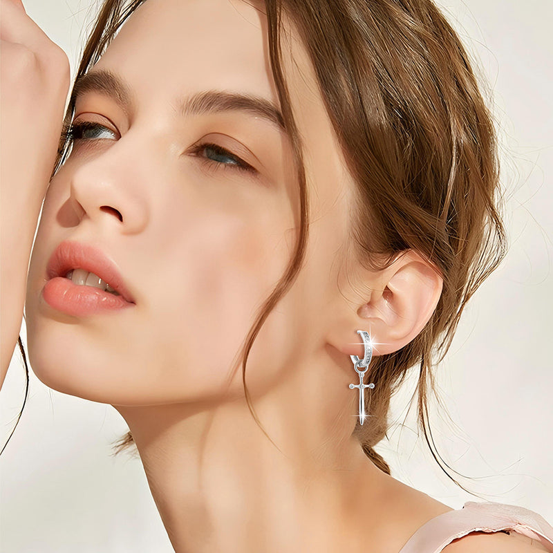 S925 sterling silver European and American cross-border cool style personalized trend design diamond-inlaid cross dagger earrings earrings earrings ring earrings