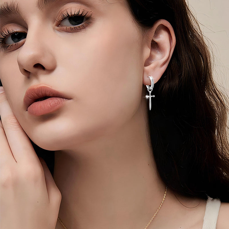 S925 sterling silver European and American cross-border cool style personalized trend design diamond-inlaid cross dagger earrings earrings earrings ring earrings