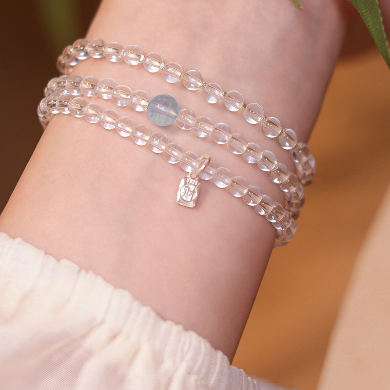 Natural aquamarine white crystal bracelet with multiple loops