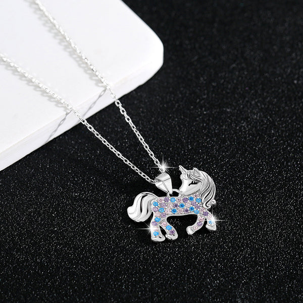 Fashion Versatile S925 sterling silver cute diamond encrusted colorful zircon unicorn pendant necklace collarbone chain girl