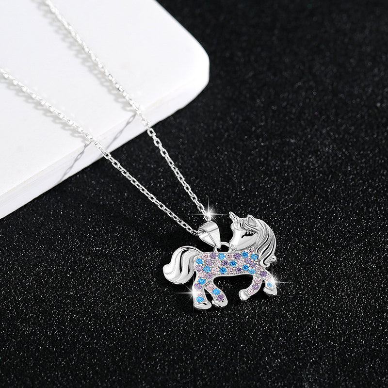 Fashion Versatile S925 sterling silver cute diamond encrusted colorful zircon unicorn pendant necklace collarbone chain girl