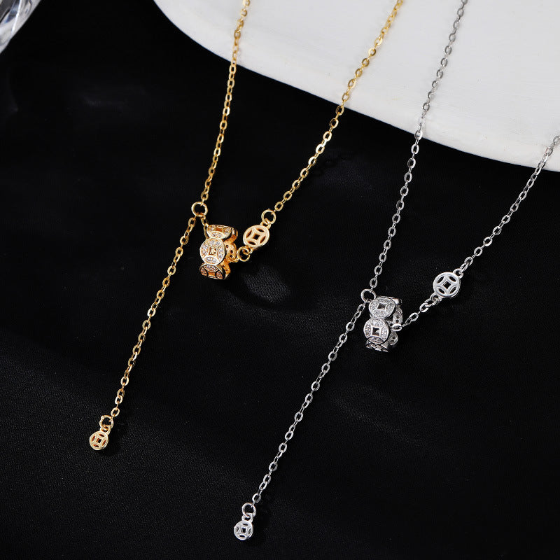 S925 silver new Chinese copper coin tassel necklace