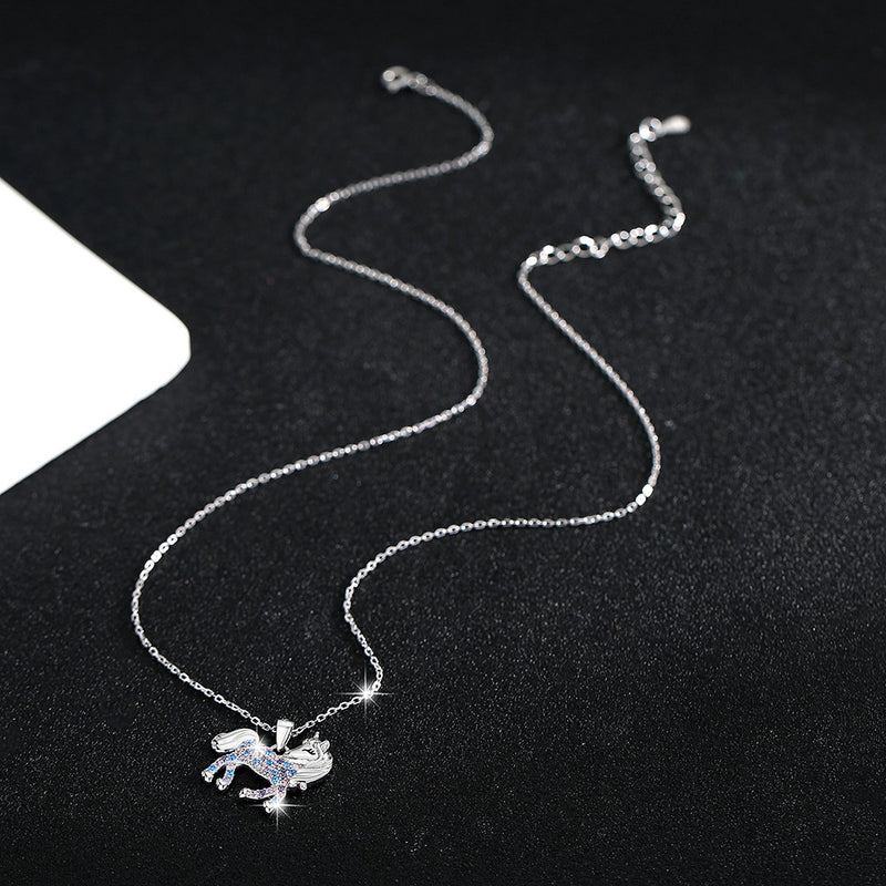 Fashion Versatile S925 sterling silver cute diamond encrusted colorful zircon unicorn pendant necklace collarbone chain girl