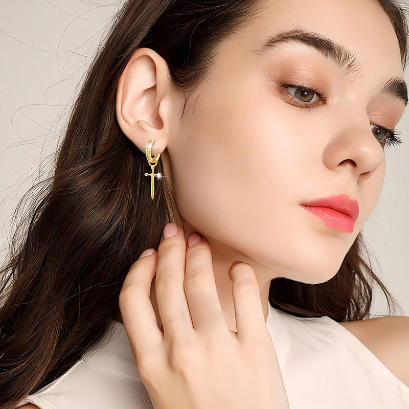 S925 sterling silver European and American cross-border cool style personalized trend design diamond-inlaid cross dagger earrings earrings earrings ring earrings