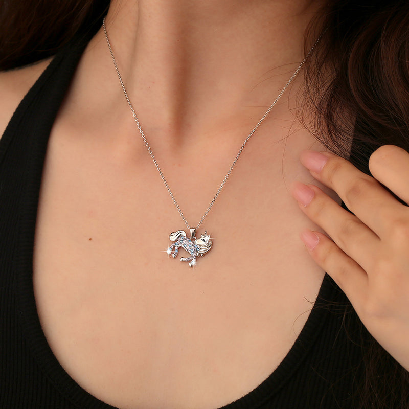 Fashion Versatile S925 sterling silver cute diamond encrusted colorful zircon unicorn pendant necklace collarbone chain girl