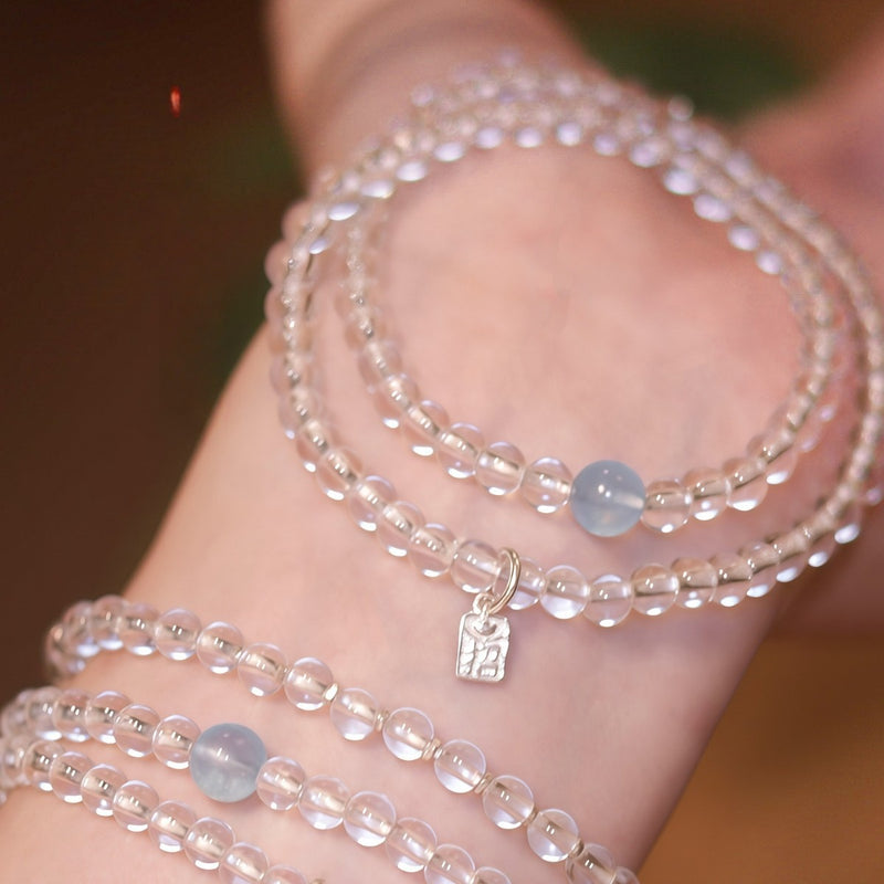 Natural aquamarine white crystal bracelet with multiple loops