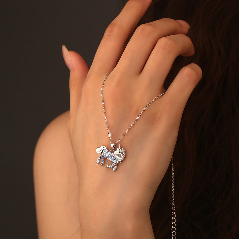 Fashion Versatile S925 sterling silver cute diamond encrusted colorful zircon unicorn pendant necklace collarbone chain girl