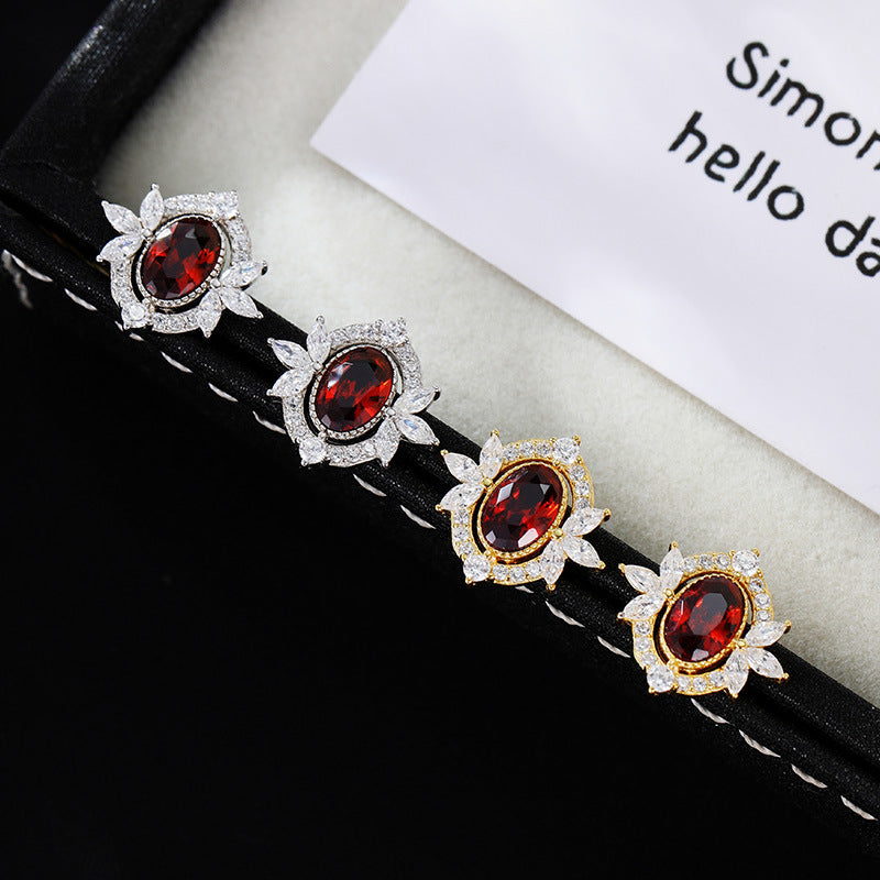 S925 silver red garnet zircon stud earrings