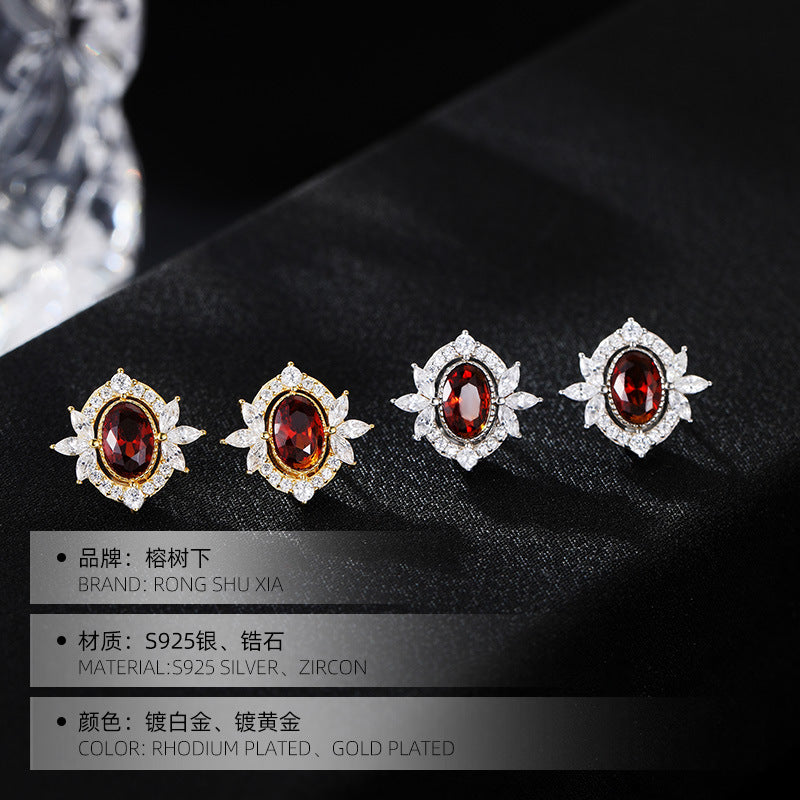 S925 silver red garnet zircon stud earrings