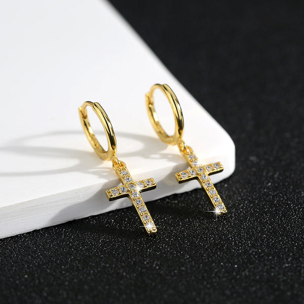 S925 sterling silver light luxury style zircon earrings cross earrings high-end exquisite earrings women