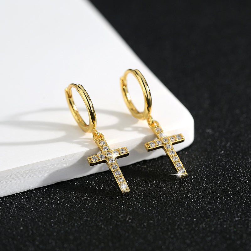 S925 sterling silver light luxury style zircon earrings cross earrings high-end exquisite earrings women