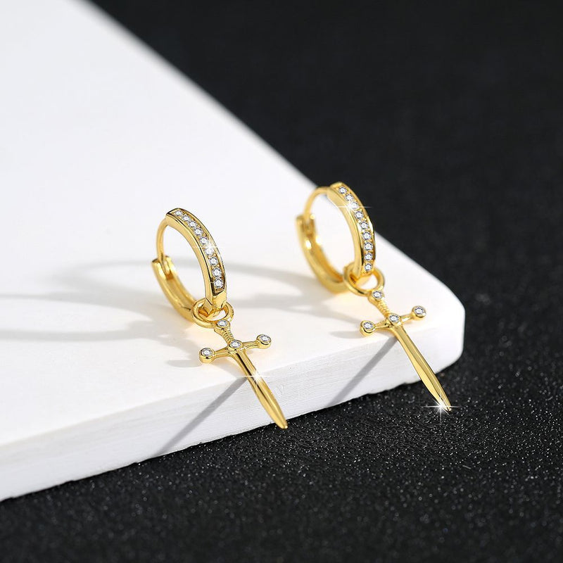 S925 sterling silver European and American cross-border cool style personalized trend design diamond-inlaid cross dagger earrings earrings earrings ring earrings