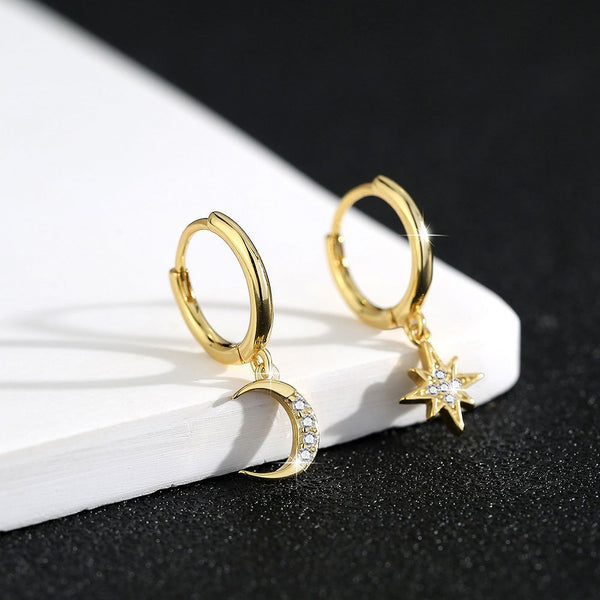 S925 sterling silver star moon earrings women's asymmetrical diamond set star moon earrings cross-border European and American earrings ring earrings