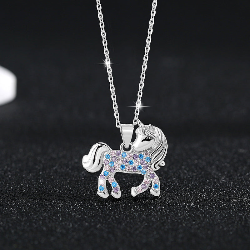Fashion Versatile S925 sterling silver cute diamond encrusted colorful zircon unicorn pendant necklace collarbone chain girl